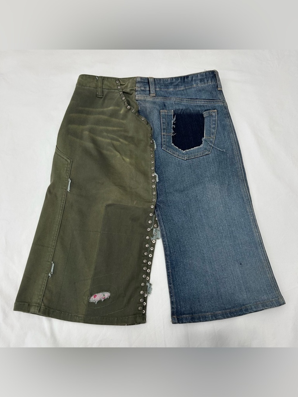 Vintage Late 90s Y2K Parasuco Patchwork Midi Skirt Denim Army Green Size 2 Rare - Picture 5 of 11